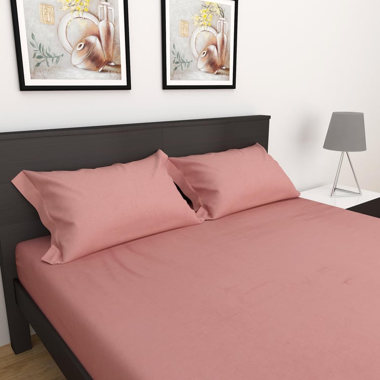 Florida Dusty Rose Solid Cotton Double Bedsheet Set- 3 Pieces