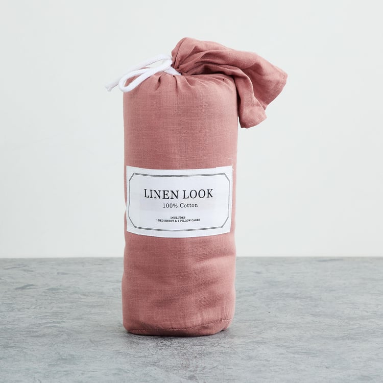 Florida Dusty Rose Solid Cotton Double Bedsheet Set- 3 Pieces