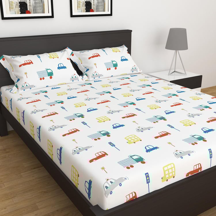 Slate White Printed 3-Piece Flat Sheet Double Bedsheet Set- 228x254 cm- Cotton- 150TC