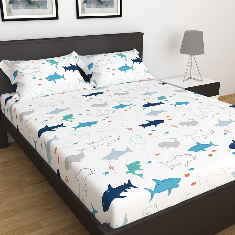 Slate Shark Printed 3-Piece Blue Double Bedsheet- 228x254cm- Cotton- 150TC