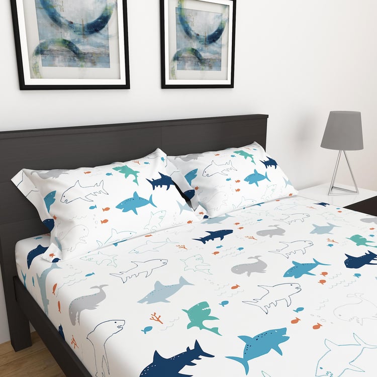 Slate Shark Printed 3-Piece Blue Double Bedsheet- 228x254cm- Cotton- 150TC