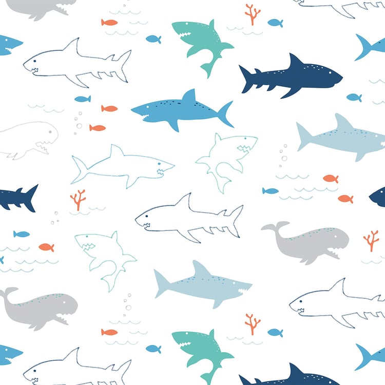 Slate Shark Printed 3-Piece Blue Double Bedsheet- 228x254cm- Cotton- 150TC