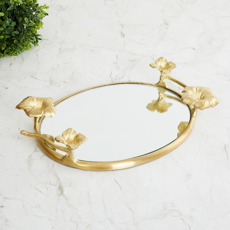 Fiesta Gold Floral Designed Glass Mirror Tray - 39x21x5.5cm