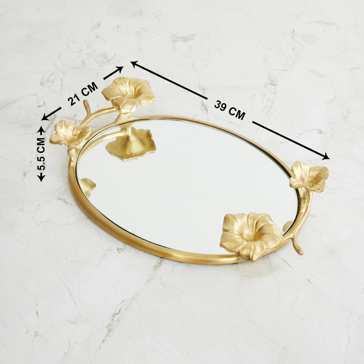 Fiesta Gold Floral Designed Glass Mirror Tray - 39x21x5.5cm