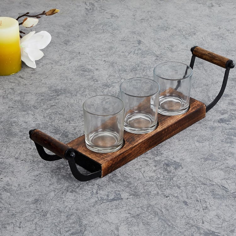 Fiesta Transparent Glass Candle Holder with Wooden Stand - 4Pcs