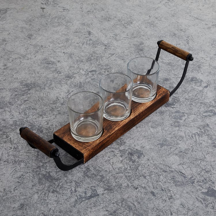 Fiesta Transparent Glass Candle Holder with Wooden Stand - 4Pcs