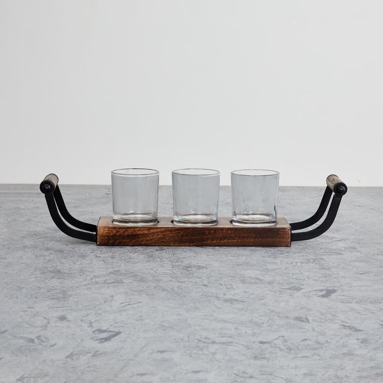 Fiesta Transparent Glass Candle Holder with Wooden Stand - 4Pcs
