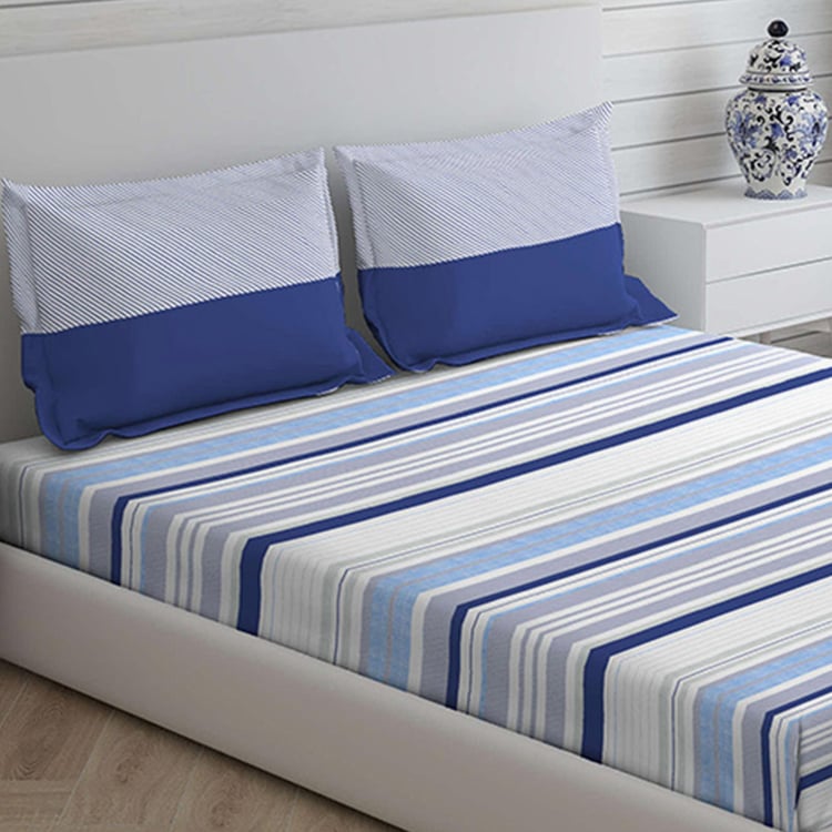 LAYERS Lombardy Blue Striped Cotton Queen Bed In A Bag - 4Pcs