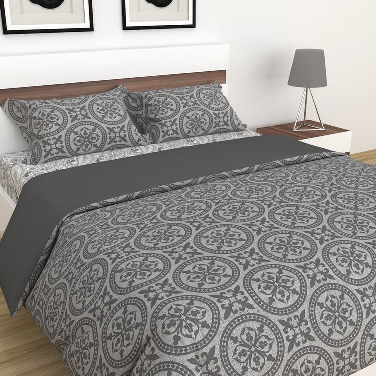 Marlin Grey Printed Cotton Double Bed-In-A-Bag Set - 4Pcs