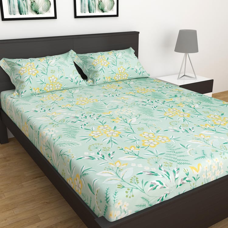 Everyday Essential Green Printed Cotton Double Bedsheet Set - 3Pcs