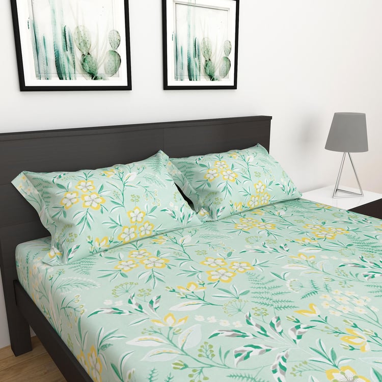 Everyday Essential Green Printed Cotton Double Bedsheet Set - 3Pcs