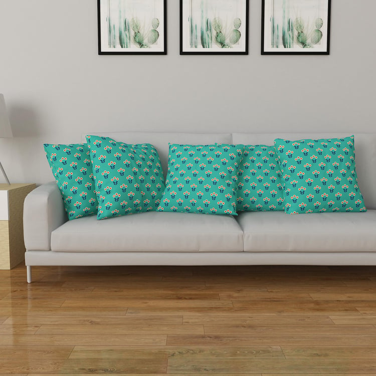 Vegas Meadow Teal Green Printed Cushion Cover- Set of 5- 40 x 40 cm