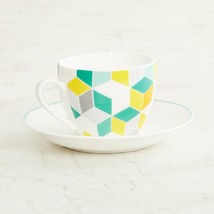 Fiesta Teal And Yellow Printed Bone China Cup And Saucer