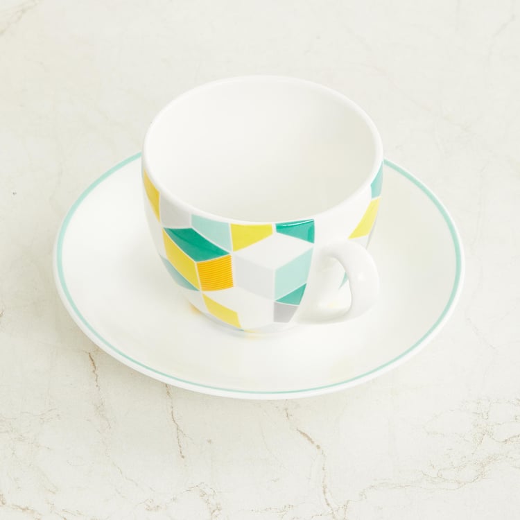 Fiesta Teal And Yellow Printed Bone China Cup And Saucer