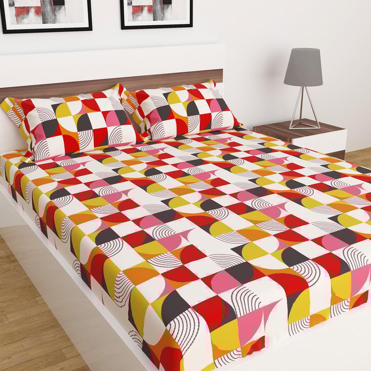 Juniper Castro Red Printed Cotton Double Bedsheet Set- 3 Pieces- 240x220 cm