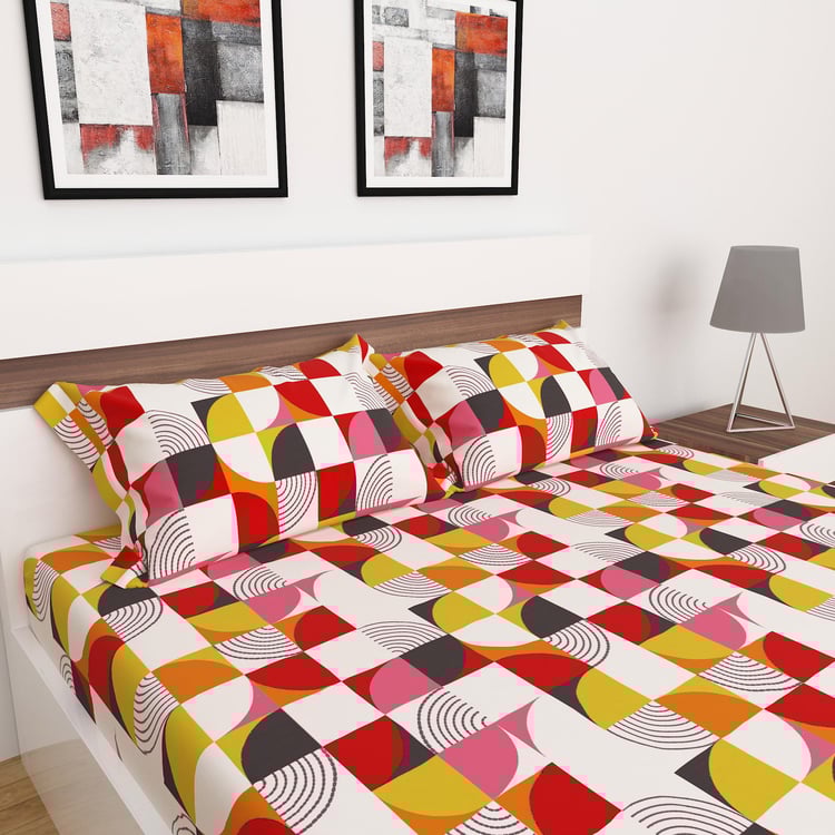 Juniper Castro Red Printed Cotton Double Bedsheet Set- 3 Pieces- 240x220 cm