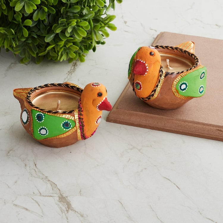 Utsav Multicolour Embellished Clay Bird Diya - Set of 2