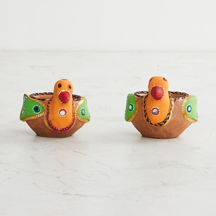 Utsav Multicolour Embellished Clay Bird Diya - Set of 2