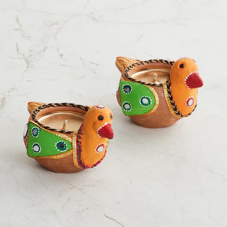 Utsav Multicolour Embellished Clay Bird Diya - Set of 2