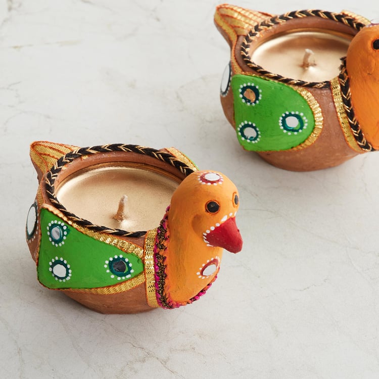 Utsav Multicolour Embellished Clay Bird Diya - Set of 2