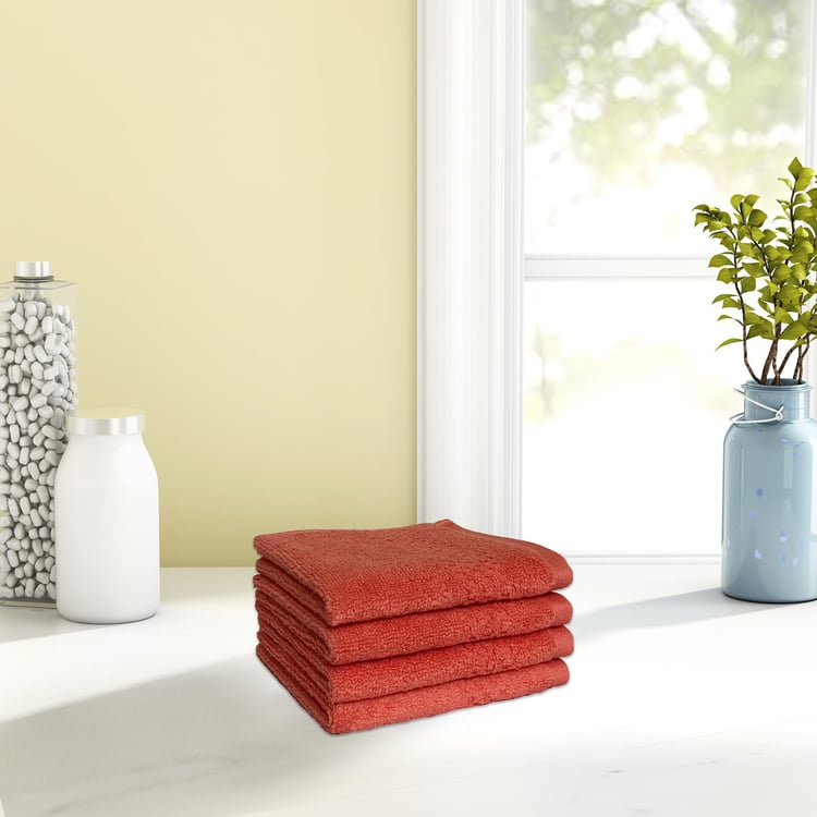 SPACES Swift Dry Red Solid Cotton Face Towel - 30x30cm - Set of 4