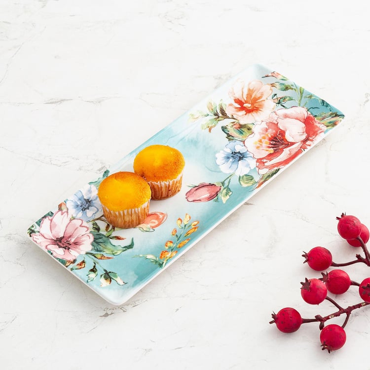 Moksha Multicolour Floral Printed Stoneware Rectangular Platter- 35.5 x 13.7 cm