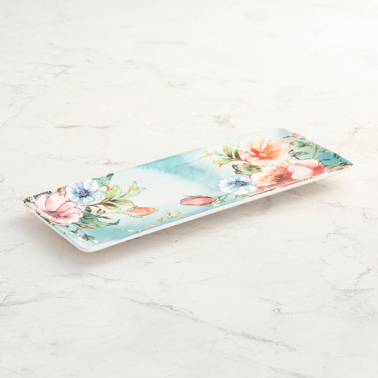 Moksha Multicolour Floral Printed Stoneware Rectangular Platter- 35.5 x 13.7 cm