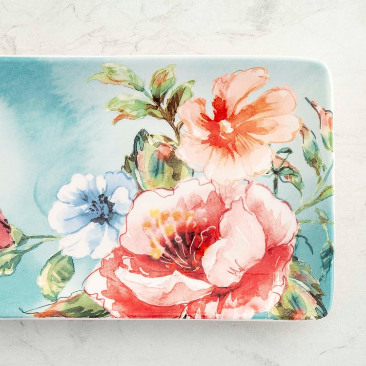 Moksha Multicolour Floral Printed Stoneware Rectangular Platter- 35.5 x 13.7 cm