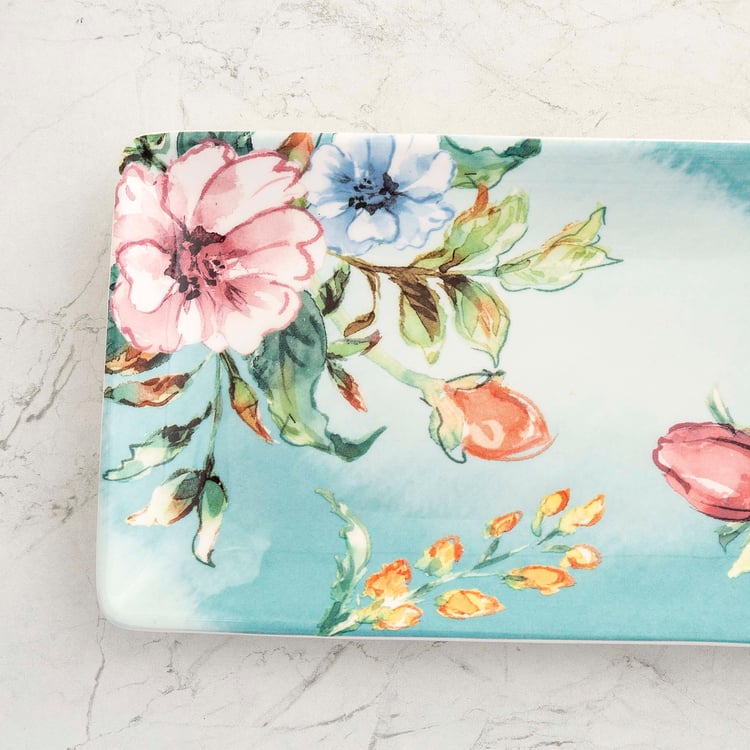 Moksha Multicolour Floral Printed Stoneware Rectangular Platter- 35.5 x 13.7 cm