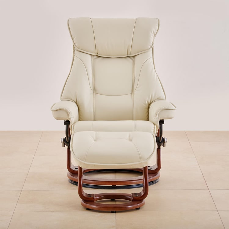 Silas Vanilla Faux Leather 1-Seater Revolving Recliner with Footstool - Off-White