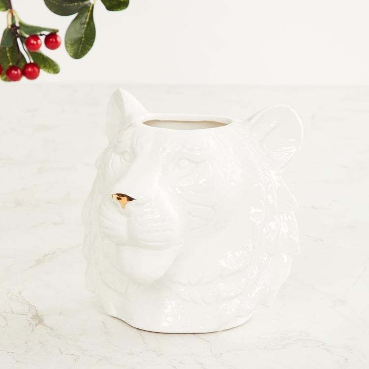 Courage Kaplan White And Gold Solid Ceramic Tiger Planter
