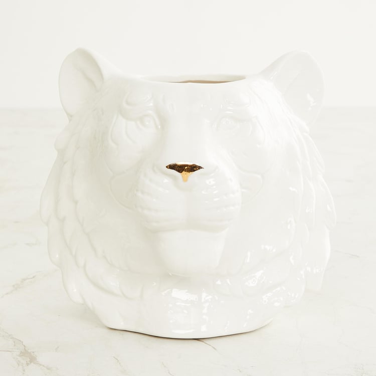 Courage Kaplan White And Gold Solid Ceramic Tiger Planter