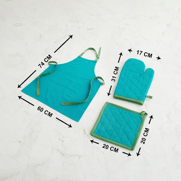 Glasgow Teal Textured Cotton Kitchen Linen Set - Set Of 3