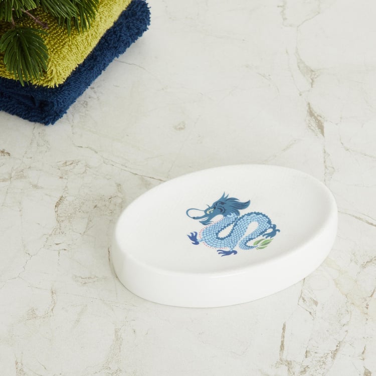 Art of Asia-Dragon Dance White Printed Oval Ceramic Soap Dish