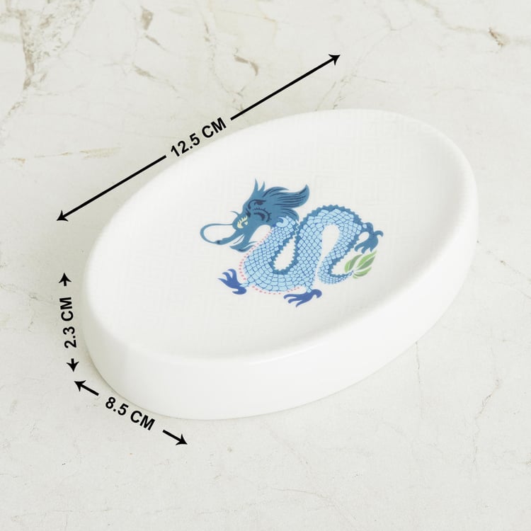 Art of Asia-Dragon Dance White Printed Oval Ceramic Soap Dish