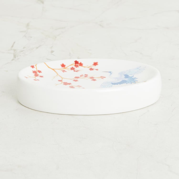 Art of Asia-Pagoda Pride White Printed Oval Ceramic Soap Dish