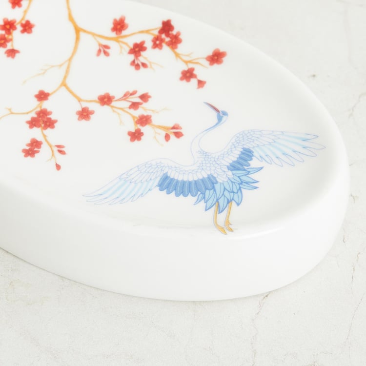 Art of Asia-Pagoda Pride White Printed Oval Ceramic Soap Dish