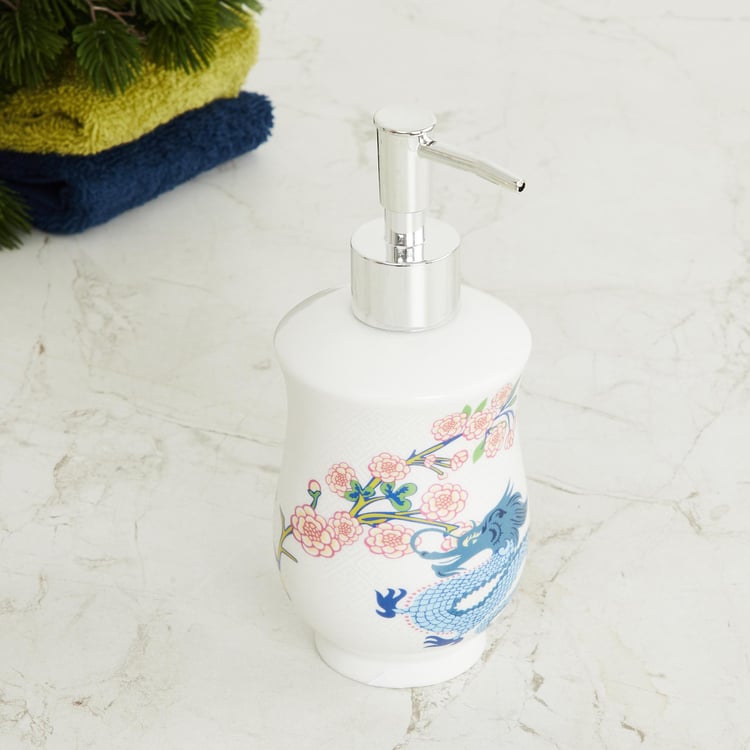 Art of Asia-Dragon Dance White Printed Ceramic Soap Dispenser - 300ml