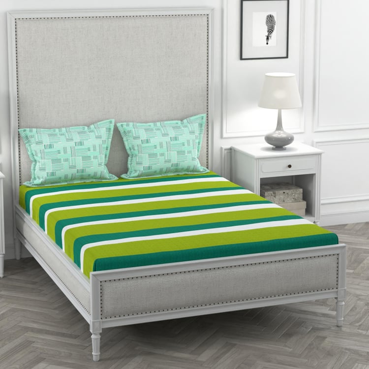 PORTICO Vienna Green Striped 3-Piece King Bedsheet Set - 2.24  x 2.74m- Cotton