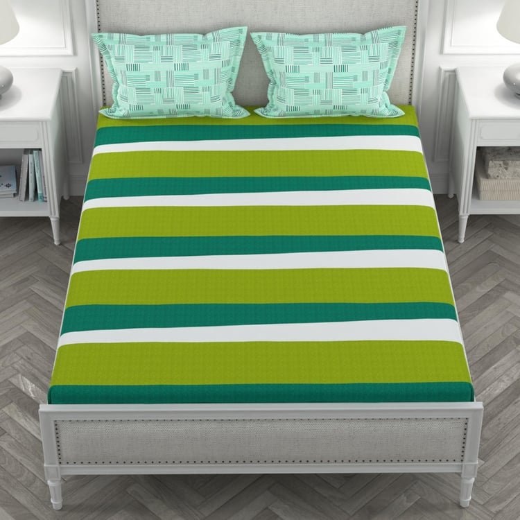 PORTICO Vienna Green Striped 3-Piece King Bedsheet Set - 2.24  x 2.74m- Cotton