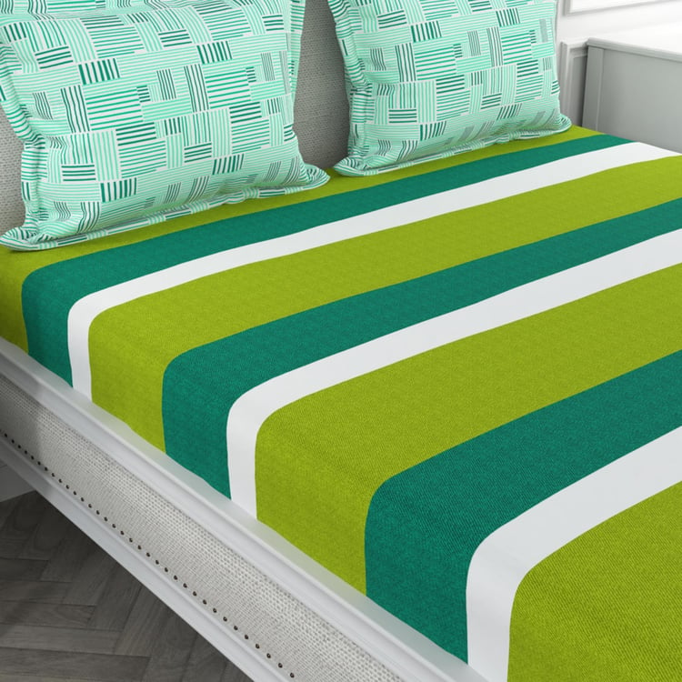 PORTICO Vienna Green Striped 3-Piece King Bedsheet Set - 2.24  x 2.74m- Cotton