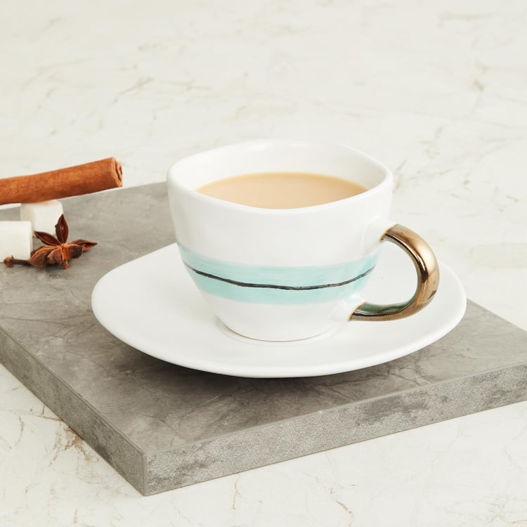 Peace-Tranquil Teal Printed Stoneware Cup and Saucer Set - 2Pcs