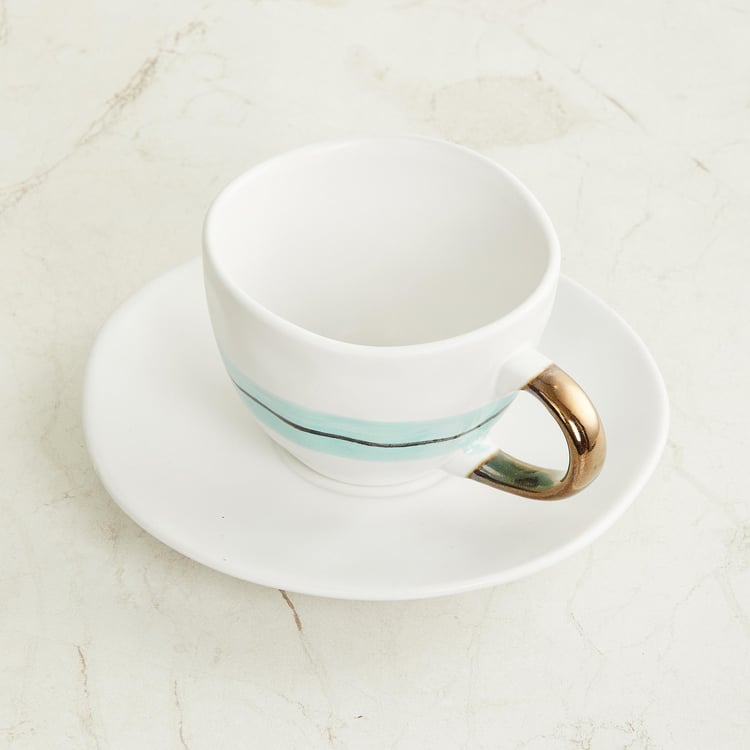 Peace-Tranquil Teal Printed Stoneware Cup and Saucer Set - 2Pcs