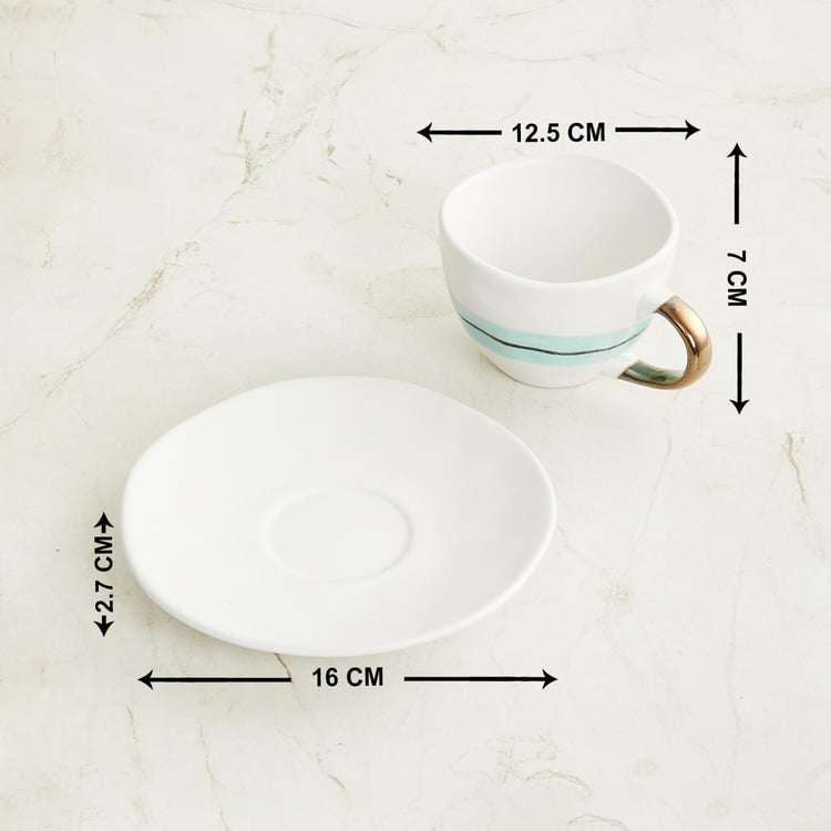 Peace-Tranquil Teal Printed Stoneware Cup and Saucer Set - 2Pcs