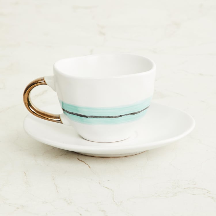 Peace-Tranquil Teal Printed Stoneware Cup and Saucer Set - 2Pcs