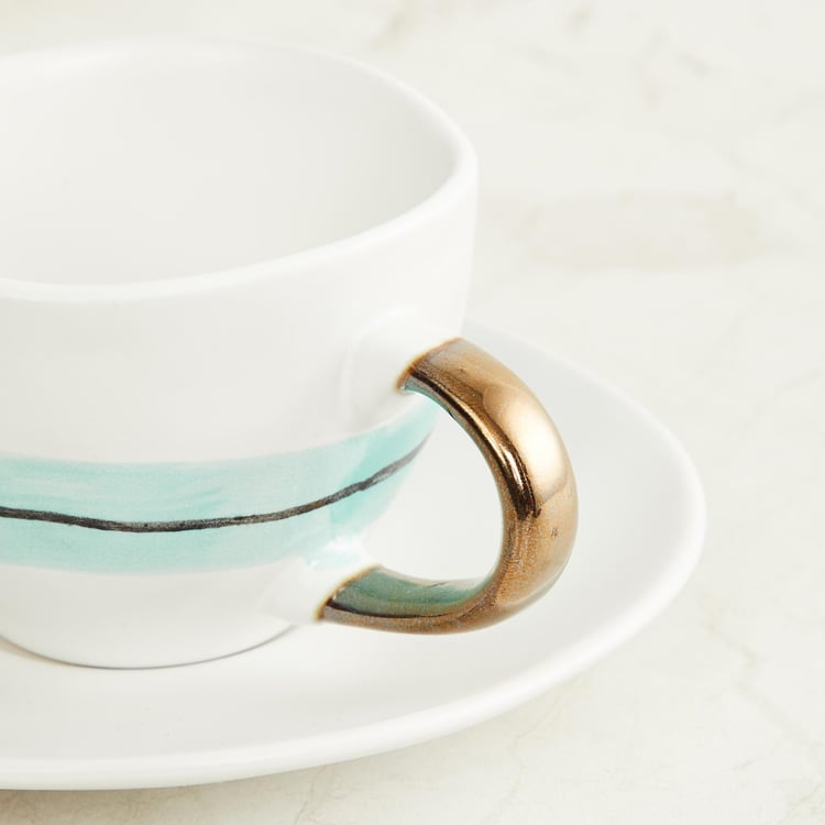 Peace-Tranquil Teal Printed Stoneware Cup and Saucer Set - 2Pcs