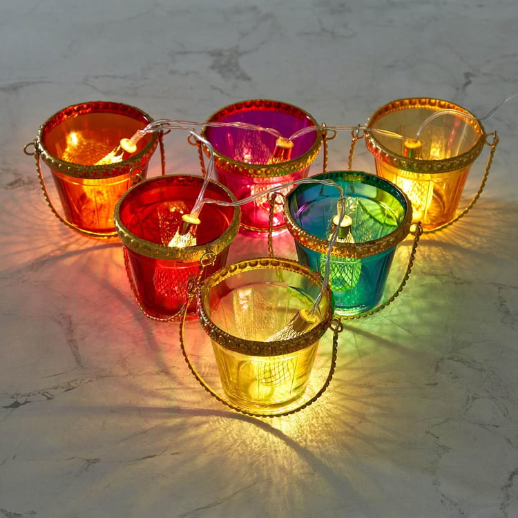 Shalimar Multicolour Metal and Glass Votive with String Light - Set of 6