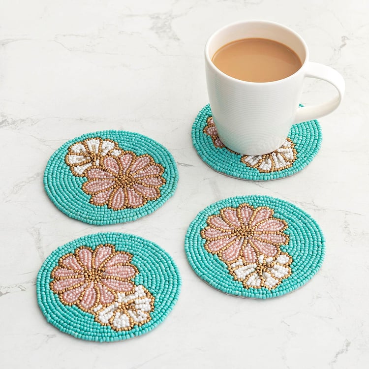 Moksha Multicolour Textured Beaded Glass Coaster - Set of 4
