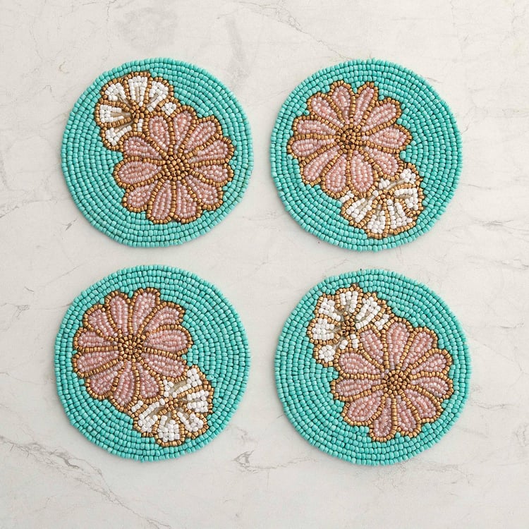 Moksha Multicolour Textured Beaded Glass Coaster - Set of 4