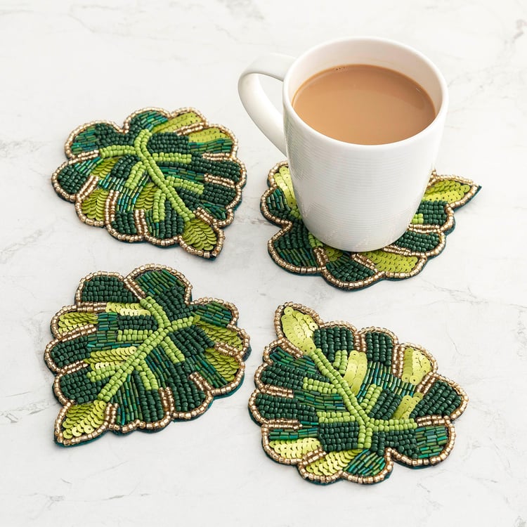 Courage Green Leaf Beaded Glass Coaster - Set of 4